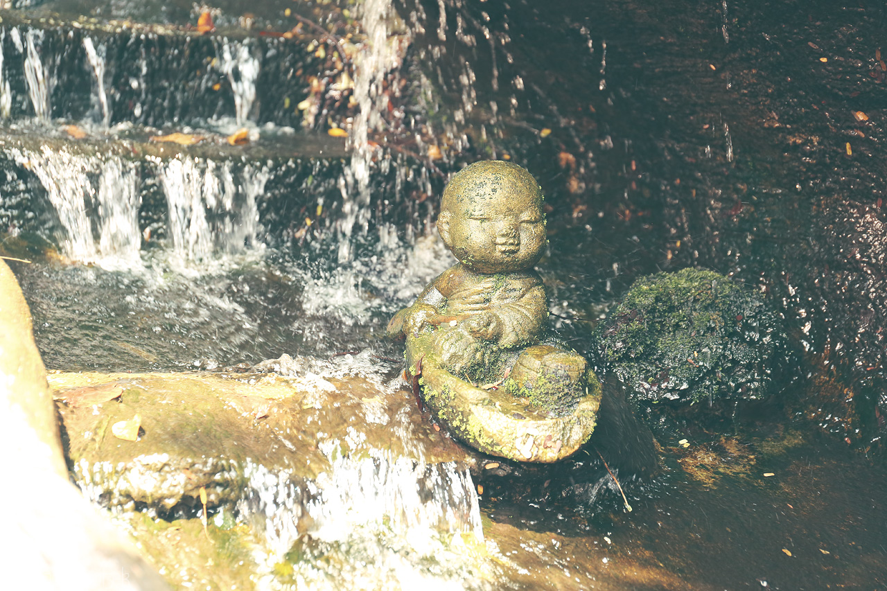 Serenity in Watery Stone Foto von A tranquil stone figure rests among cascading waters in Ban Bat, Bangkok, capturing a serene moment of Thai artistry and nature.