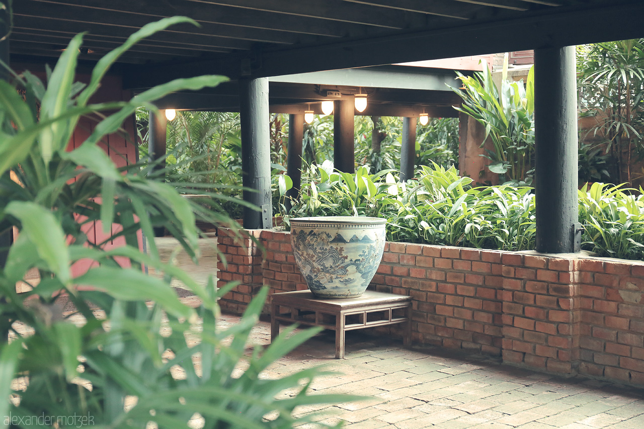 Foto von A tranquil garden in Wang Mai, Bangkok, featuring lush greenery and a traditional ceramic pot. A serene escape within the bustling city.