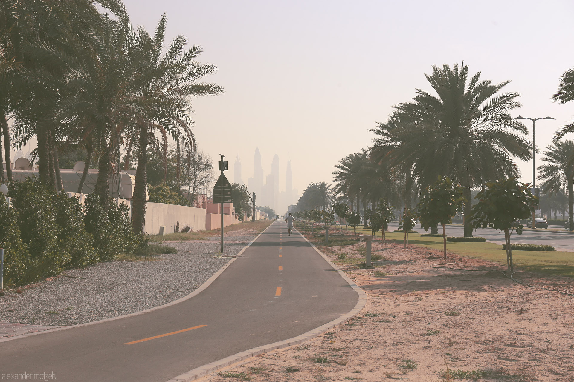 Mirage on Sheikh Zayed Foto von A quiet path lined with palms leads to hazy Dubai towers, blending serene desert and futuristic skyline in the morning mist.