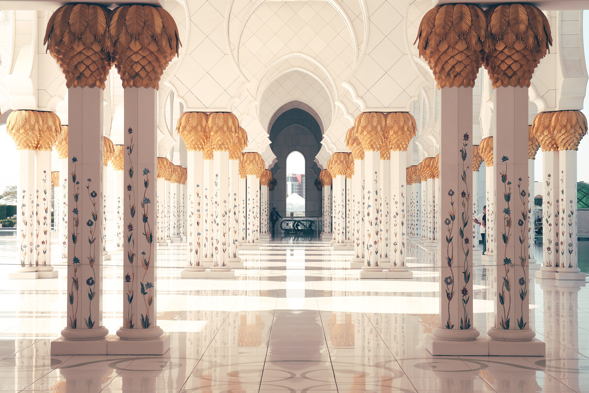 Golden Columns of Rawdah Foto von Golden palms crown marble pillars in Al Rawdah, Abu Dhabi—where light and artistry echo Arabian grandeur and peace.