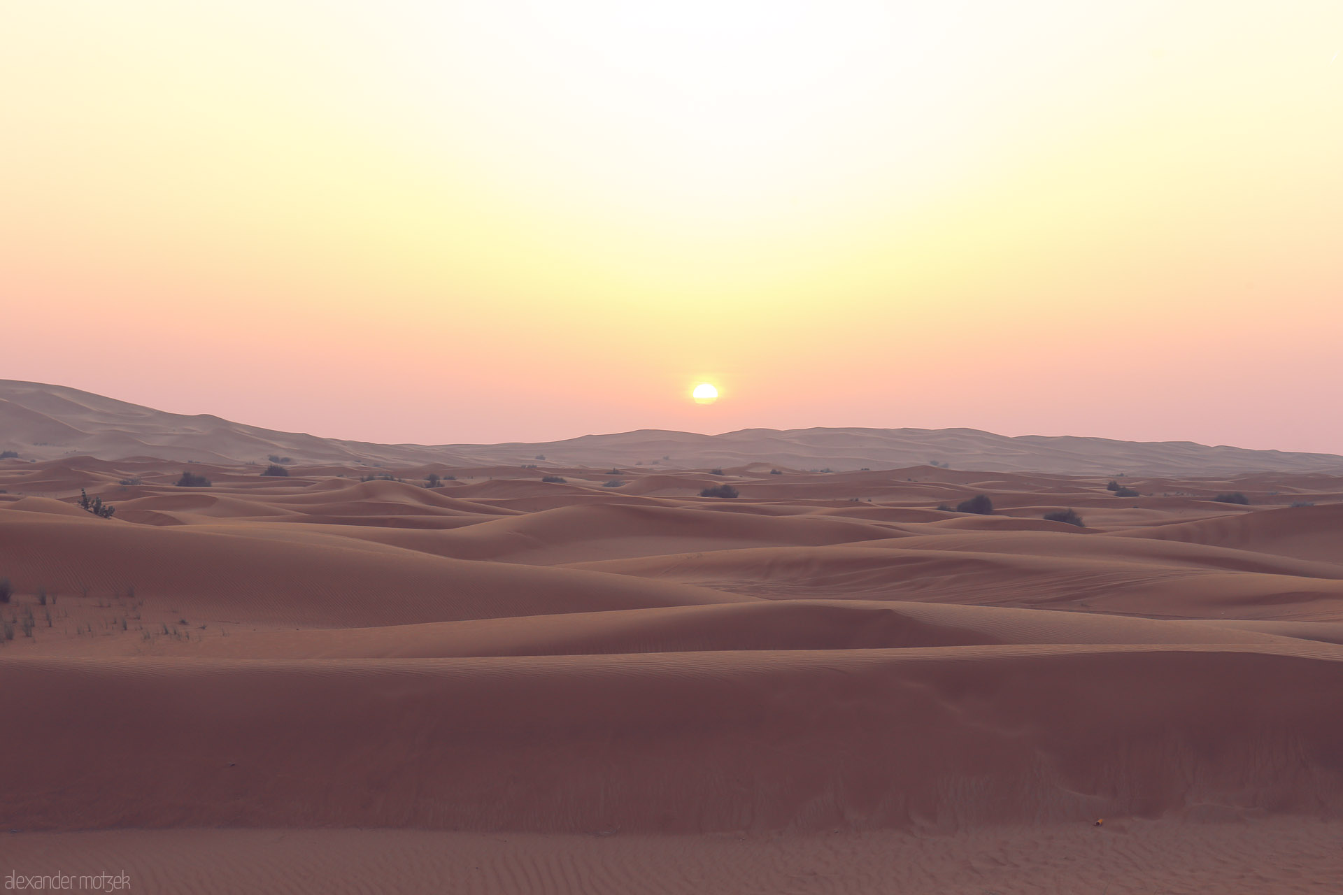 Ramlat Al Madam Foto von Pastel dawn graces undulating Al Madam sands, Sharjah—golden silence stretching through the heart of the UAE desert.