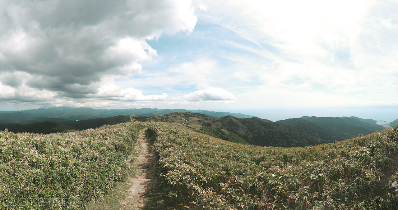 Foto von A tranquil path winds through lush green fields with distant mountains in Izu, Shizuoka, under a vast, cloud-dappled sky.