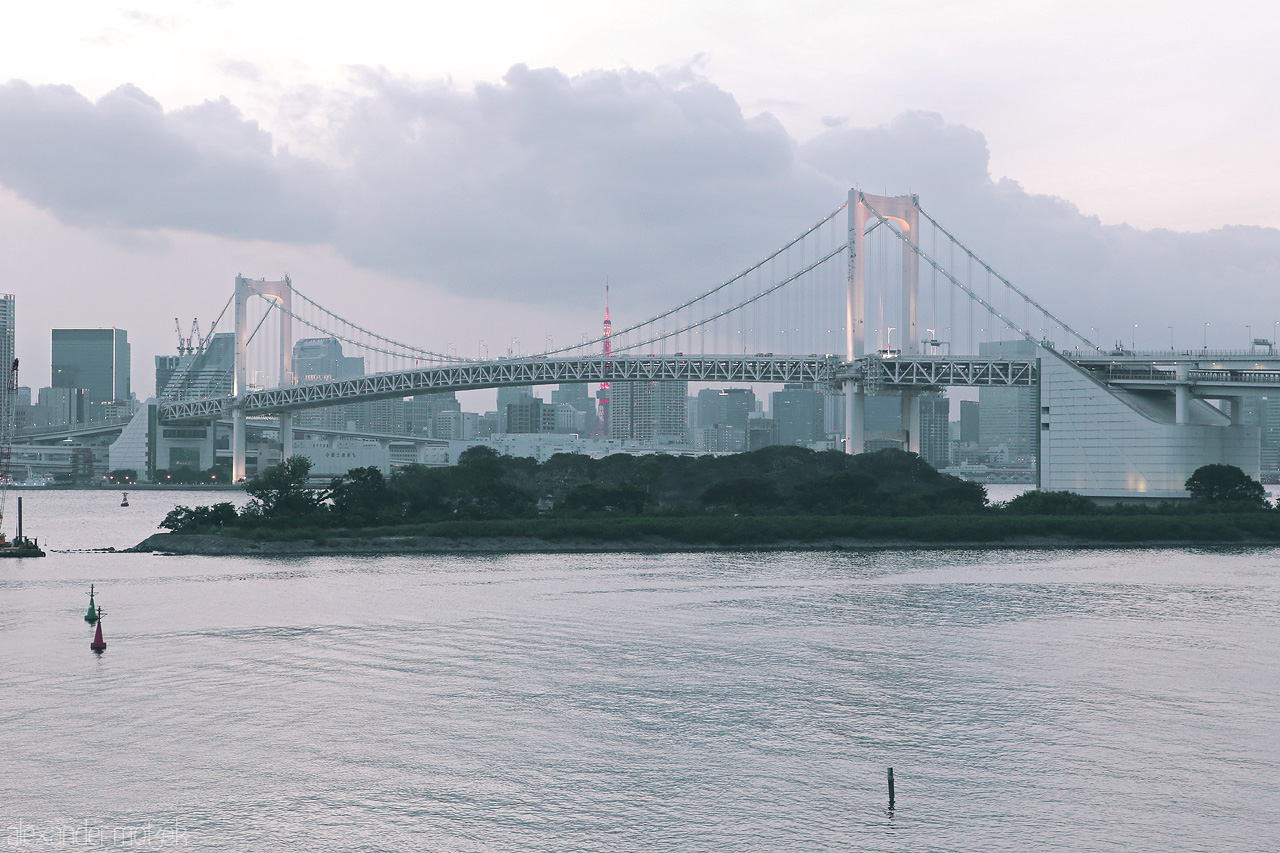 Foto von Glühender Tokyo Tower im Hintergrund der Rainbow Bridge zur blauen Stunde