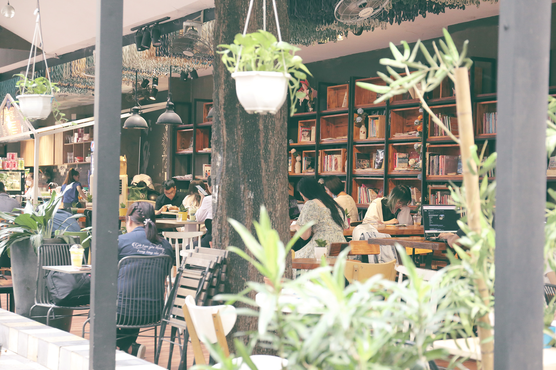Foto von Lush plants and book-lined walls embrace readers in a tranquil Saigon café, a peaceful retreat in Ho Chi Minh City’s urban heart.