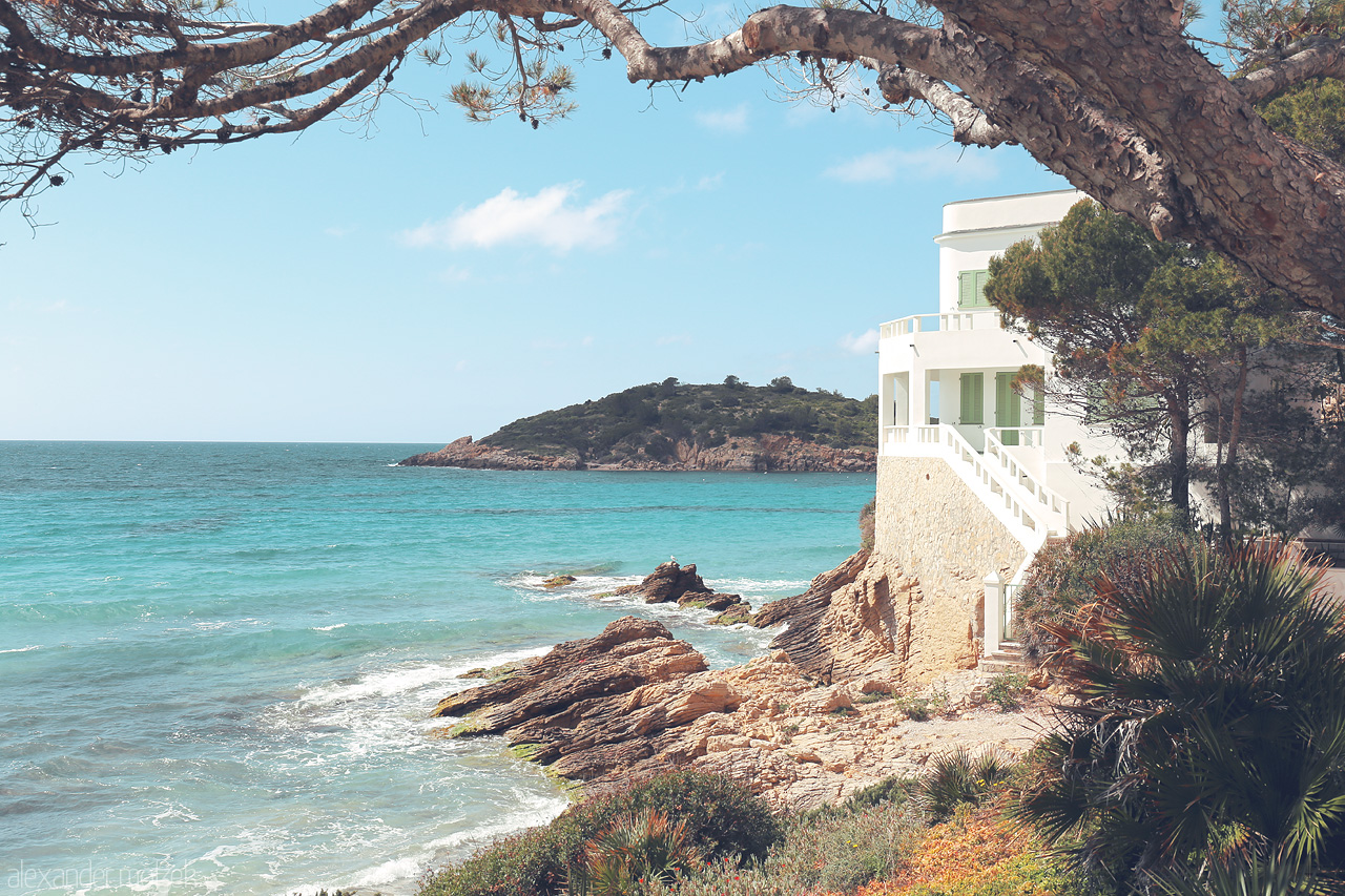 Foto von A serene cove in Sant Elm, Mallorca, framed by whispering pines and kissed by azure waves.