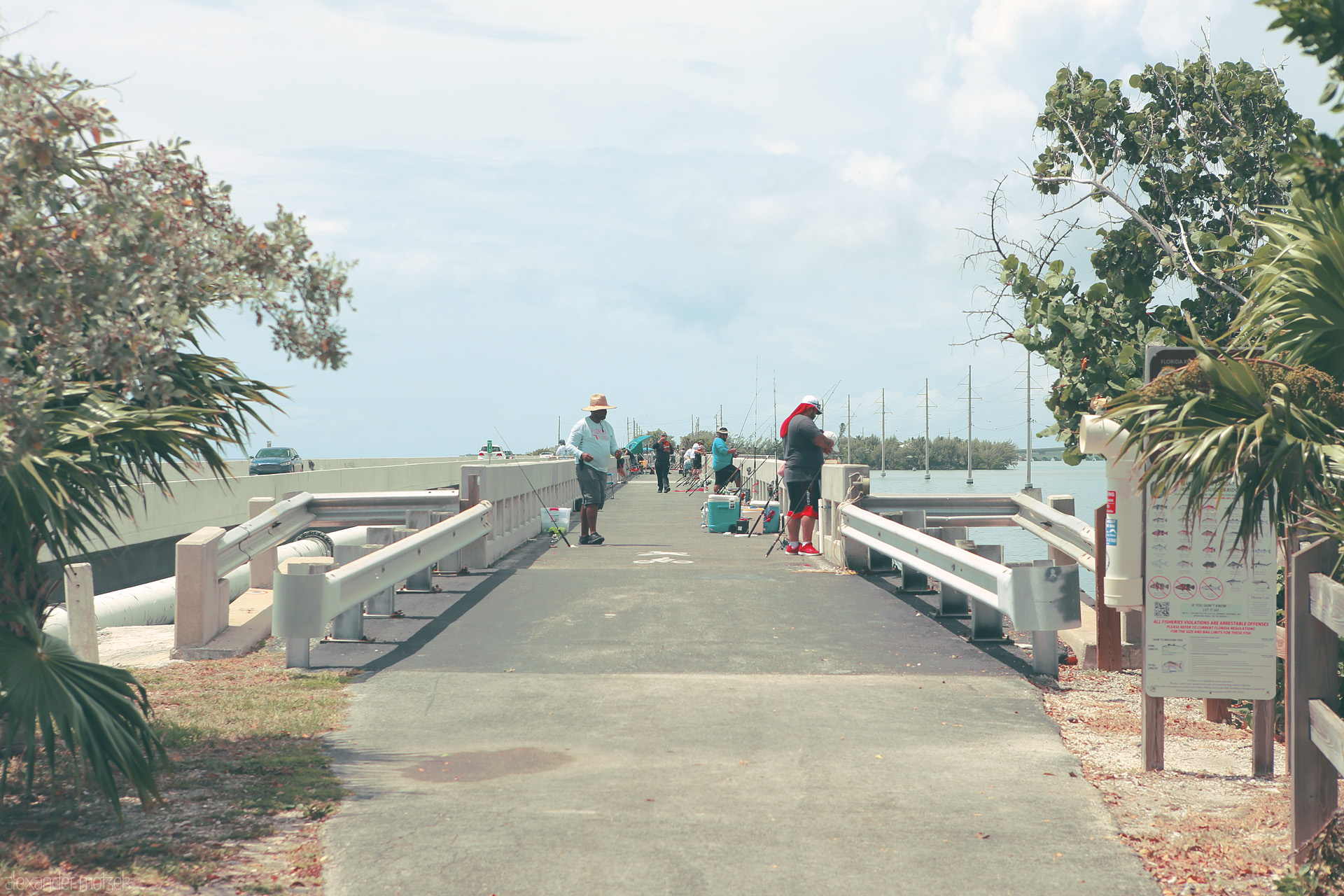 Foto von A peaceful scene on a bridge in Monroe County, Florida. Fishermen line the path under cloudy skies and lush palms.