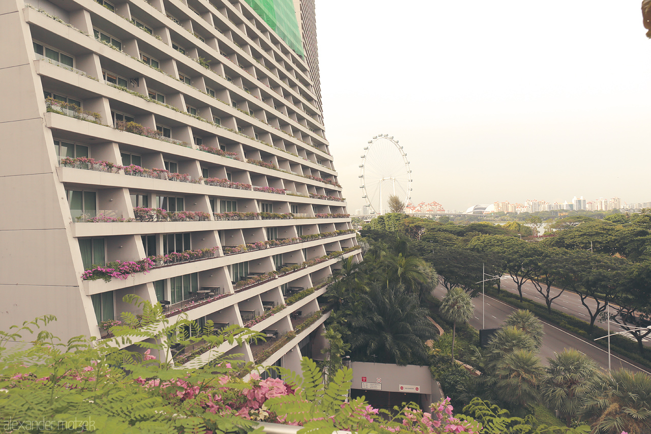 Foto von A lush, flower-draped high-rise and the iconic Singapore Flyer encapsulate the greenery and urban twist of Singapore's cityscape.