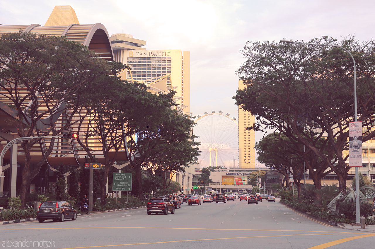 Foto von A serene Singapore street with an impressive Ferris wheel skyline backdrop and lush greenery leading to Marina Square.