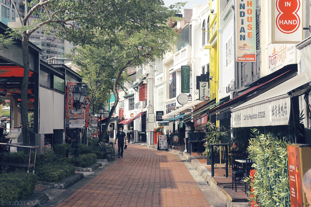 Foto von Discover the tranquil charm of Telok Ayer in Singapore, where historic facades and modern eateries converge along a picturesque, tree-lined street.