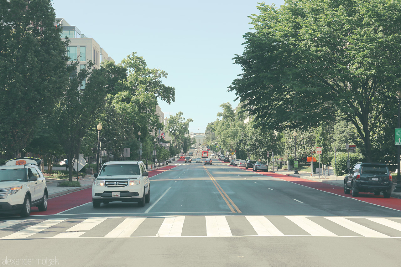 Foto von A tranquil street in Washington, D.C., lined with lush trees and vibrant red bus lanes, leads the way to the city's iconic landmarks.