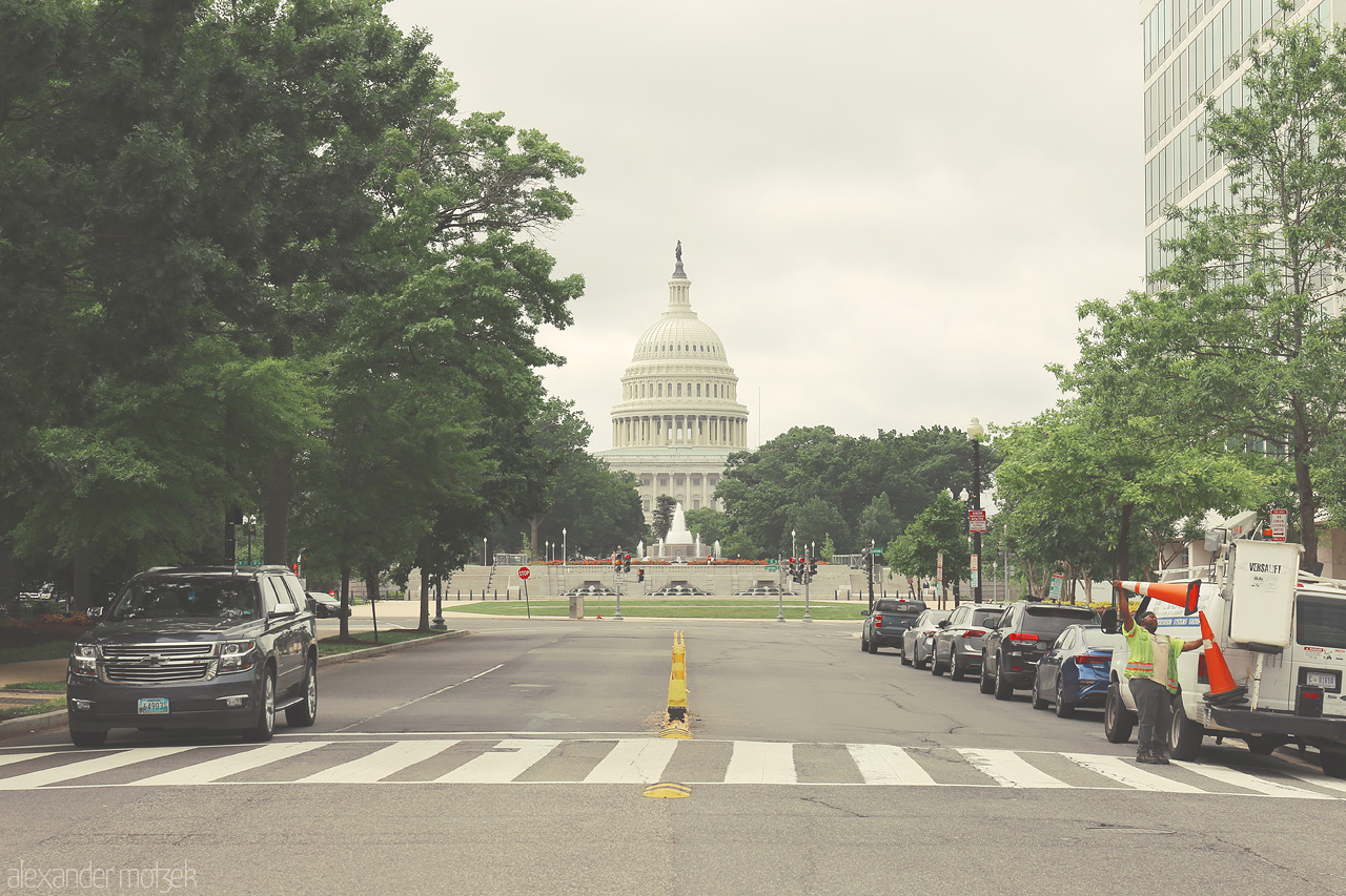 Foto von A tranquil view of the U.S. Capitol amidst lush greenery and urban life in Washington D.C.